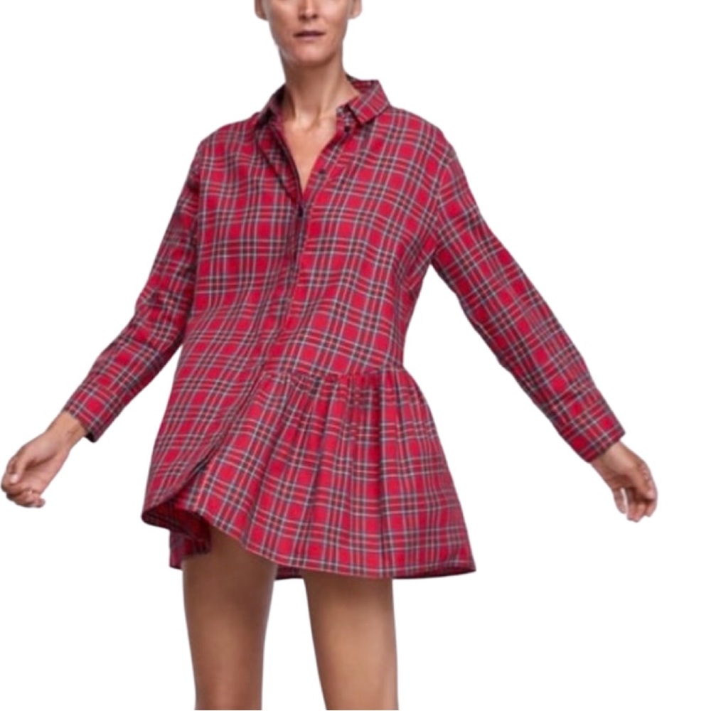 Zara Woman Plaid Cotton Baby Doll Mini Dress Size Large
